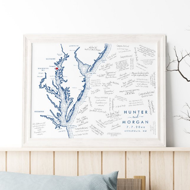 Annapolis Mariage Moderne Poster du livre d'or (This Chesapeake Bay map alternative guest book is perfect for your Annapolis destination wedding)