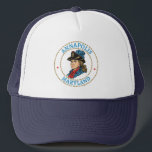 Annapolis Maryland Colonial Trucker Hat<br><div class="desc">Situated on the Chesapeake Bay at the mouth of the Severn River,  Annapolis is the capitol of Maryland,  the home of the U.S. Naval Academy,  and the sailing capitol of America. This sleek design has a sailboat and text.</div>