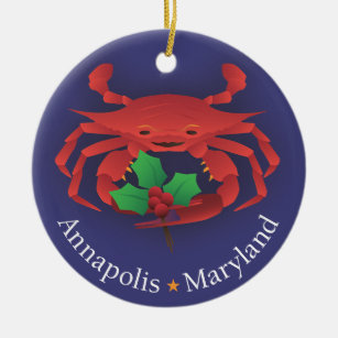 Annapolis Maryland Skyline & Crab with Holly Ceramic Ornament