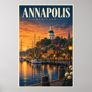 Annapolis Maryland Sunset Illustration Travel Art Poster