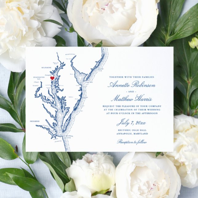 Annapolis MD Chesapeake Bay Navy Blue Wedding Invitation (Annapolis Wedding Invitation with Elegant Navy Blue Chesapeake Bay map from Coastal Map Designs)