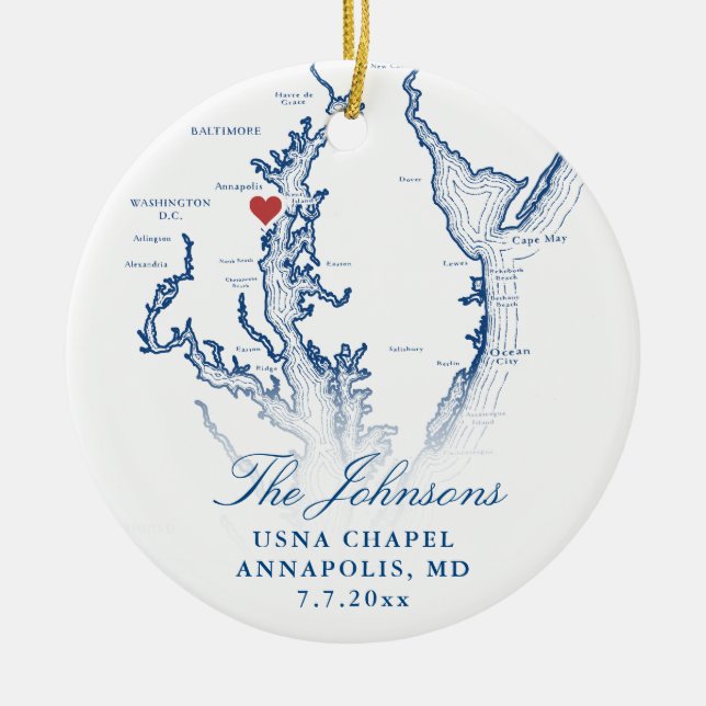 Annapolis MD Map Navy Wedding Photo Christmas Ceramic Ornament (Front)
