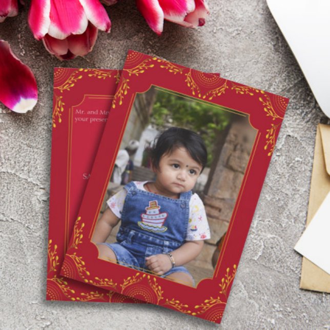 Annaprashan First Rice Red Gold Flowers Photo Invitation (Creator Uploaded)