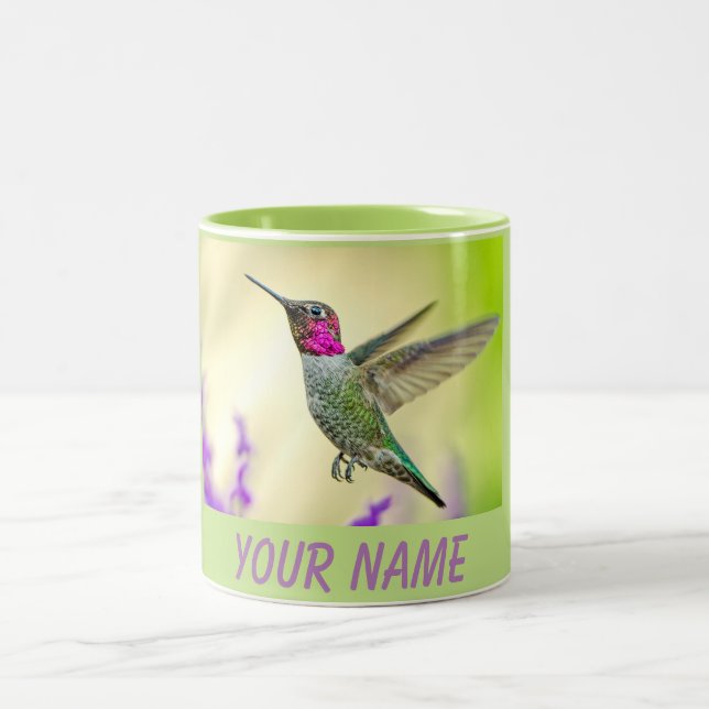 Anna's Hummingbird in Flight Personalized Name Two-Tone Coffee Mug (Center)