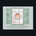 Anne of Green Gables Enjoy Things Postcard<br><div class="desc">This Anne of Green Gables postcard features our beloved Anne peeking out of a window with green shutters. The words “It's been my experience that you can nearly always enjoy things if you make up your mind firmly that you will.” are written in brown. The background is pale blue. Colors...</div>