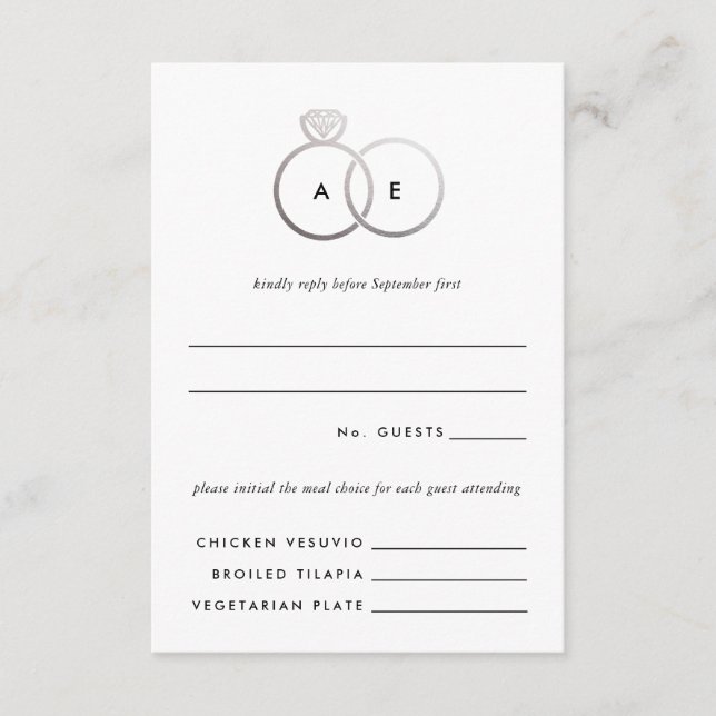 Anneaux d'argent moderne Mariage RSVP Carte de rép (Devant)