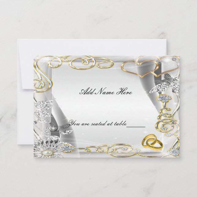 Anneaux de mariage en or et carte de table coeurs (Devant)