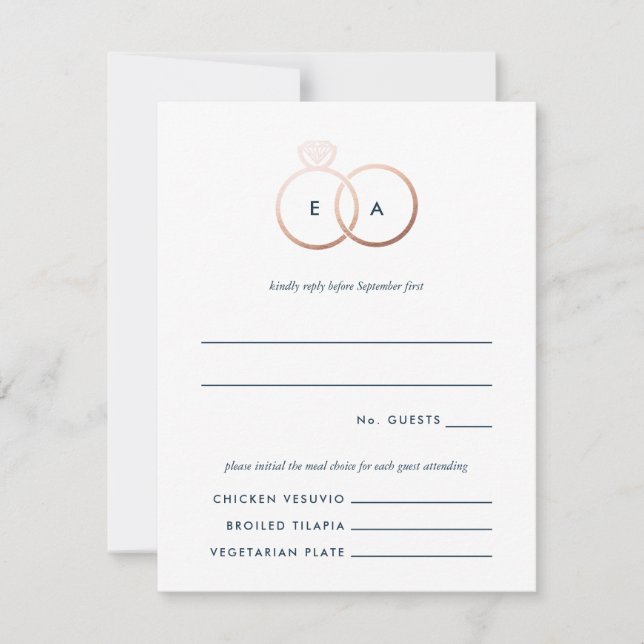 Anneaux d'or Rose moderne Mariage RSVP Reply Card (Devant)