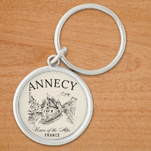 Annecy Canals Art – Retro French Alps Keychain