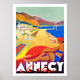 Annecy coastline, girl on a beach, vintage poster