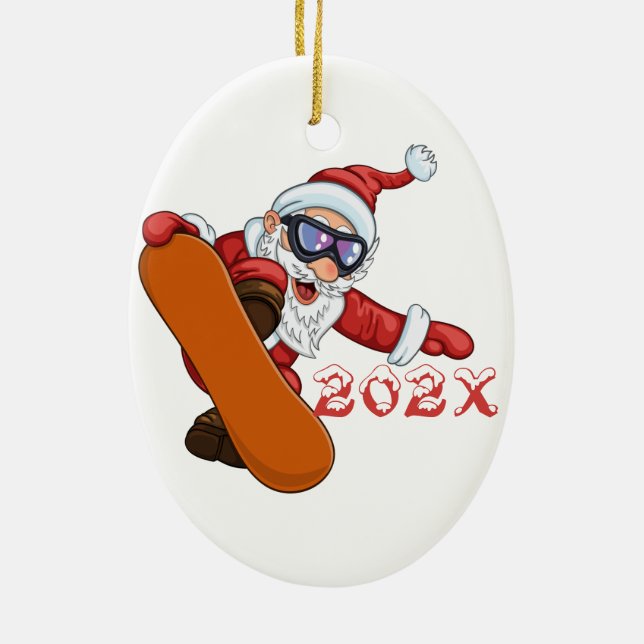 Année Père Noël Snowboarder Ornement en céramique (Dos)