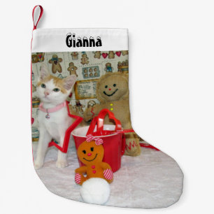 Annie's Cute Cat and Gingerbread Personalized  Small Christmas Stocking