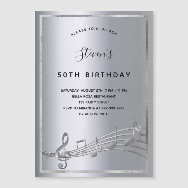 Anniversaire argent notes musique invitation aiman (Devant)