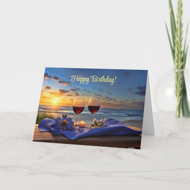 Anniversaire avec du vin sur la carte de plage (Devant)