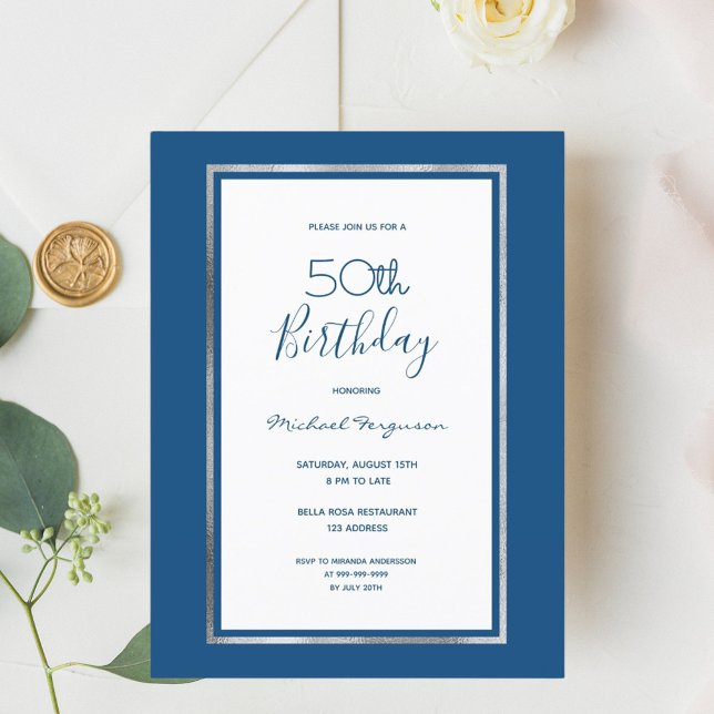 Anniversaire bleu blanc argent élégant invitation (Créateur téléchargé)