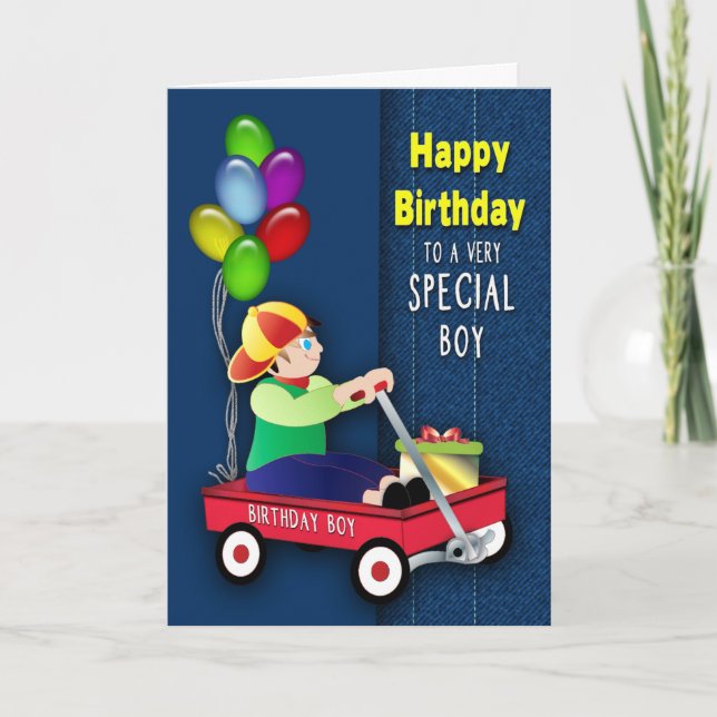 Anniversaire Boy Red Wagon et Ballons sur la carte (Devant)