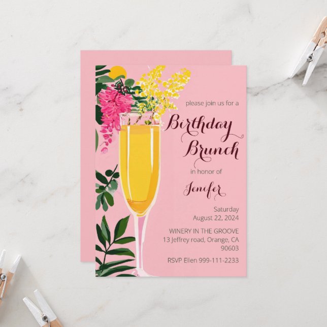 Anniversaire Brunch mimosa aquarelle Invitation (Devant/Arrière en situation)