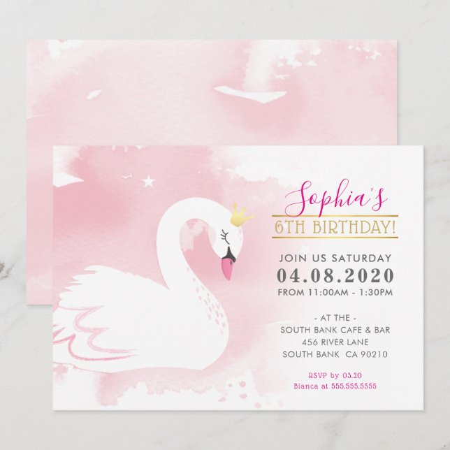 ANNIVERSAIRE DE ENFANT PARTY INVITATION cygne prin (Devant / Derrière)