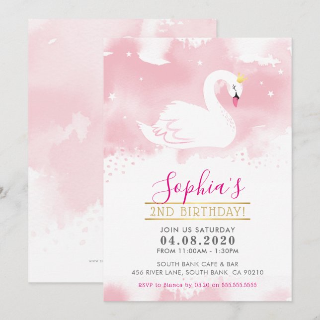ANNIVERSAIRE DE ENFANT PARTY INVITATION cygne prin (Devant / Derrière)