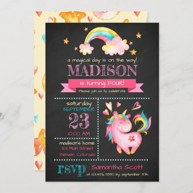 Anniversaire de la licorne | Invitation de la fête (Devant / Derrière)