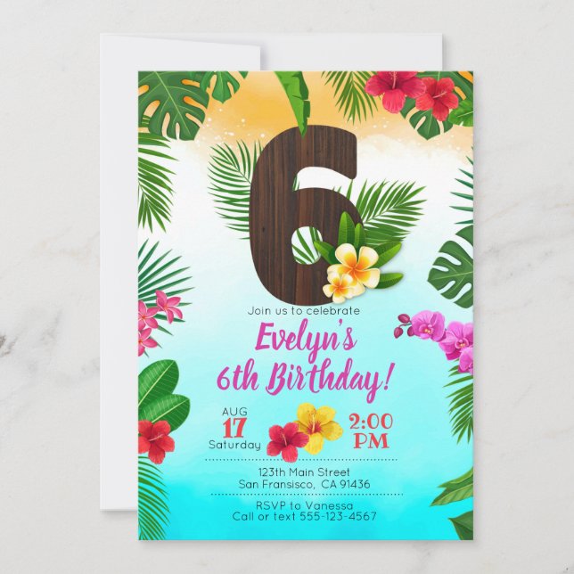 Anniversaire de Luau, Invitation Luau Party 6e ann (Devant)