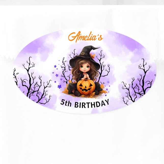 Anniversaire d'Halloween Cute Little Witch Sticker (Halloween Birthday Cute Little Witch Oval Sticker)