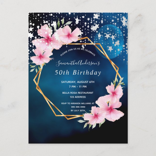 Anniversaire fête bleu rose florales invitation (Devant)