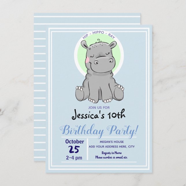Anniversaire Fête Cute Little Hippo Invitations (Devant / Derrière)