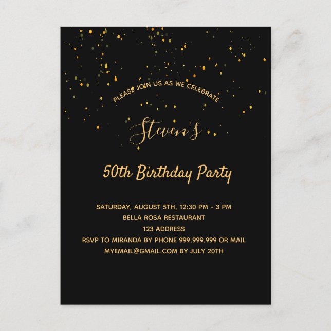 Anniversaire fête noir or simple invitation (Devant)