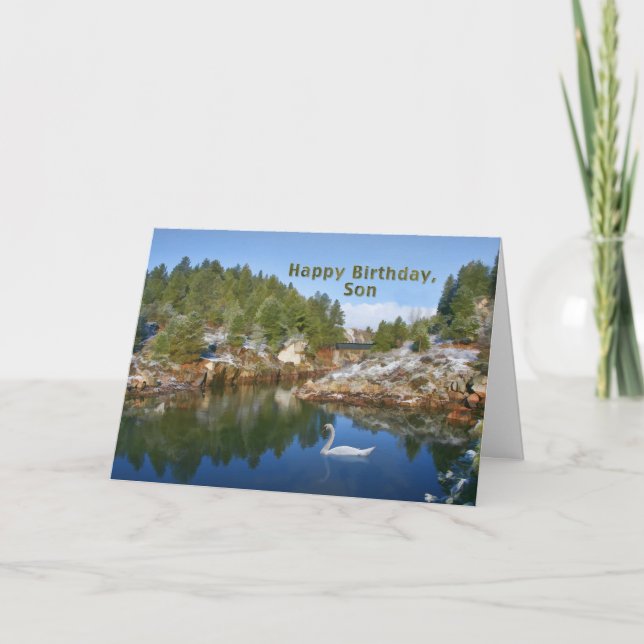 Anniversaire, fils, lac mountain, cygne, carte (Devant)