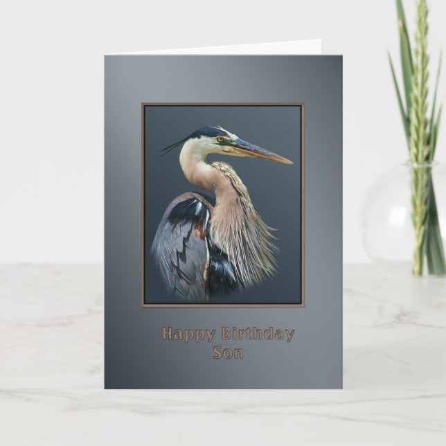 Anniversaire, Fils, Oiseau Grand Héron Bleu, Carte (Devant)