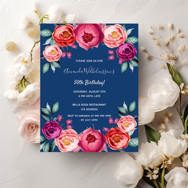Anniversaire floral bleu rose or rose invitation (Créateur téléchargé)