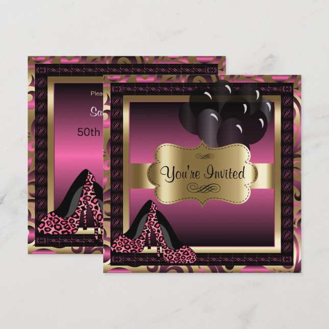 Anniversaire| Invitation Leopard rose High Heels (Devant / Derrière)