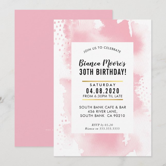 ANNIVERSAIRE INVITATION moderne aquarelle rose pâl (Devant / Derrière)