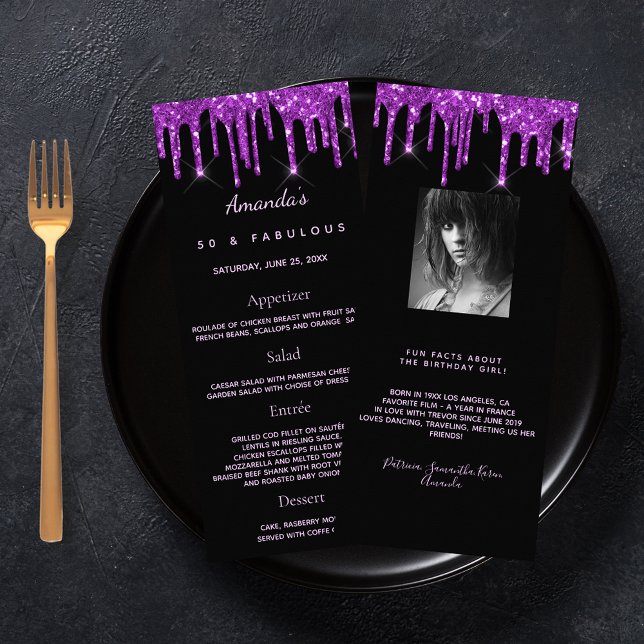 Anniversaire Menu noir violet photo fun faits part (Créateur téléchargé)