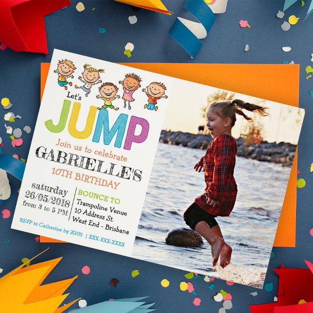 Anniversaire Photo Trampoline Party Invitation (Jump into fun with our trampoline party! Bounce, laugh, and celebrate in the air!)