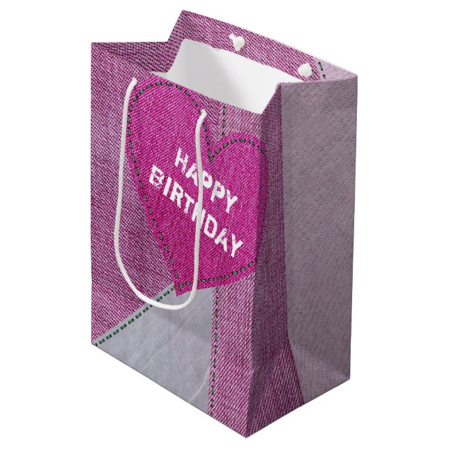 Anniversaire Pink Denim Coeur Moyen Cadeau Sac (Devant Angle)