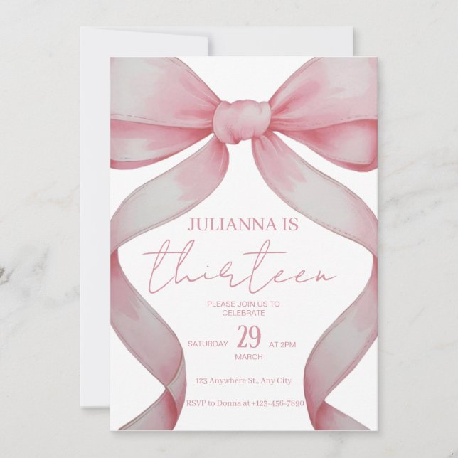 Anniversaire rose Bow, invitation d'anniversaire,  (Devant)
