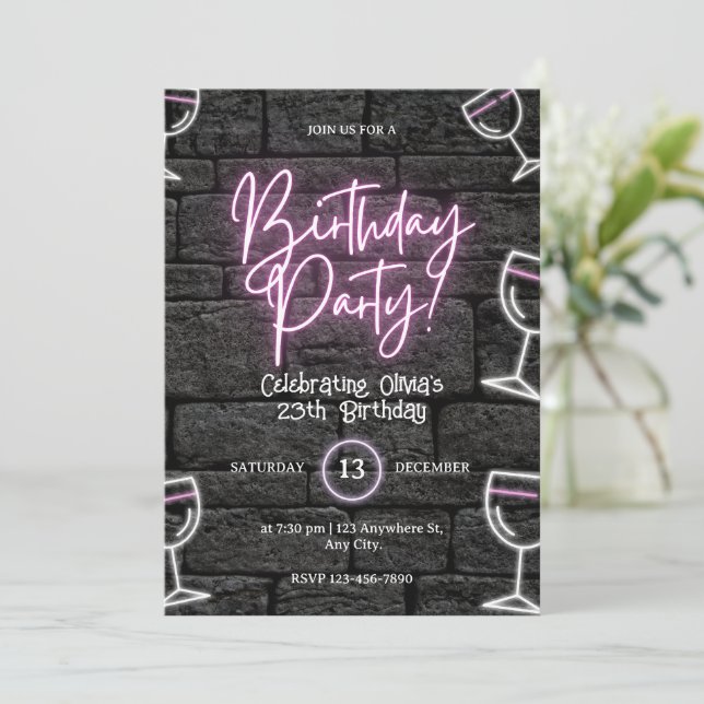 Anniversaire rose néon pour les femmes Invitation (Debout devant)