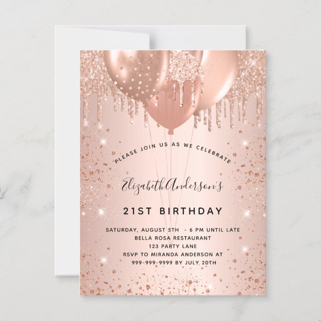 Anniversaire rose or ballons d'or invitation magné (Recto)