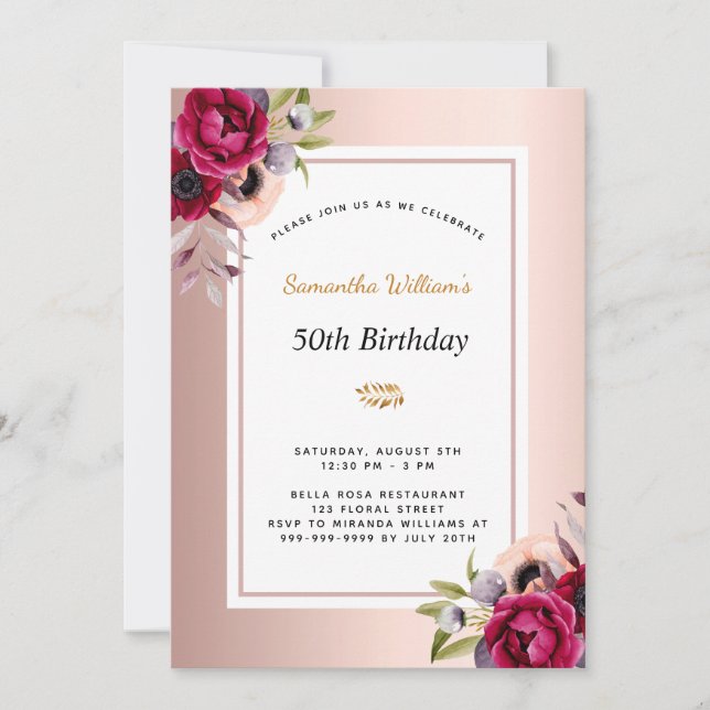 Anniversaire rose or bordeaux invitation à la flor (Devant)