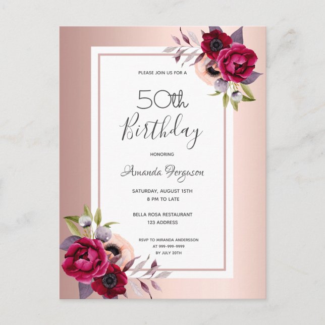 Anniversaire rose or bordeaux invitation à la flor (Devant)