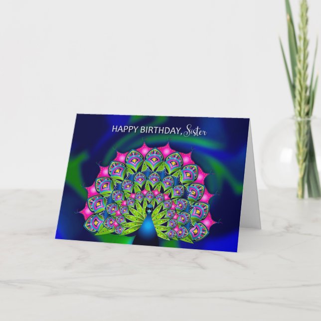 Anniversaire Soeur Belle carte Peacock colorée (Devant)