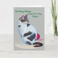 Anniversaire, Soeur, Carte de chat aux yeux verts