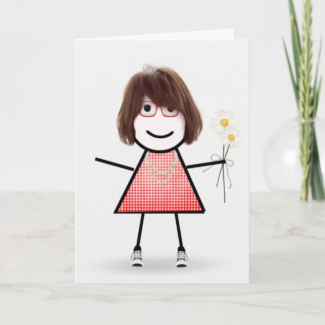 Anniversaire Stick Girl avec carte de marguerite (Devant)