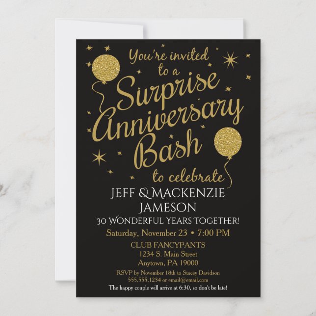 Anniversaire Surprise Invitation Party Black Gold (Devant)