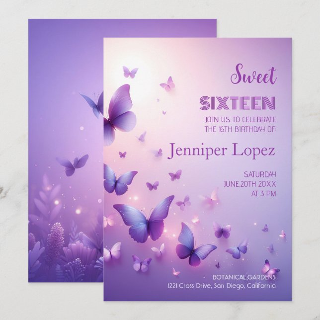 Anniversaire Sweet 16 Invitation - Papillon pourpr (Devant / Derrière)