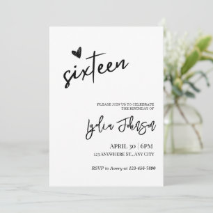 Anniversaire Sweet Sixteen Minimaliste, Invitation