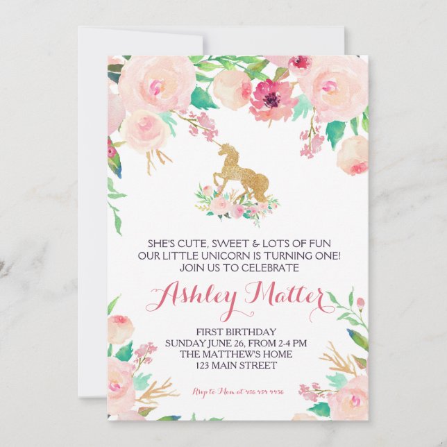Anniversaire Unicorn rose Belle Invitation Florale (Devant)