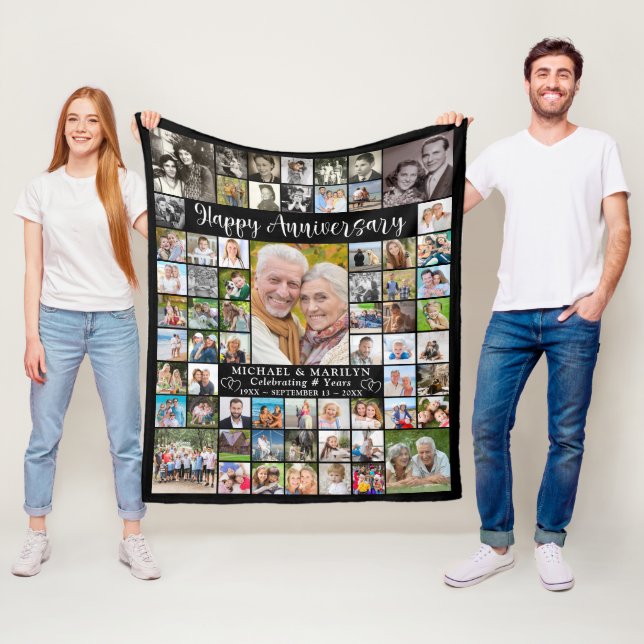 Anniversary 64 Photo Collage Your Colour Fleece Blanket (In Situ)